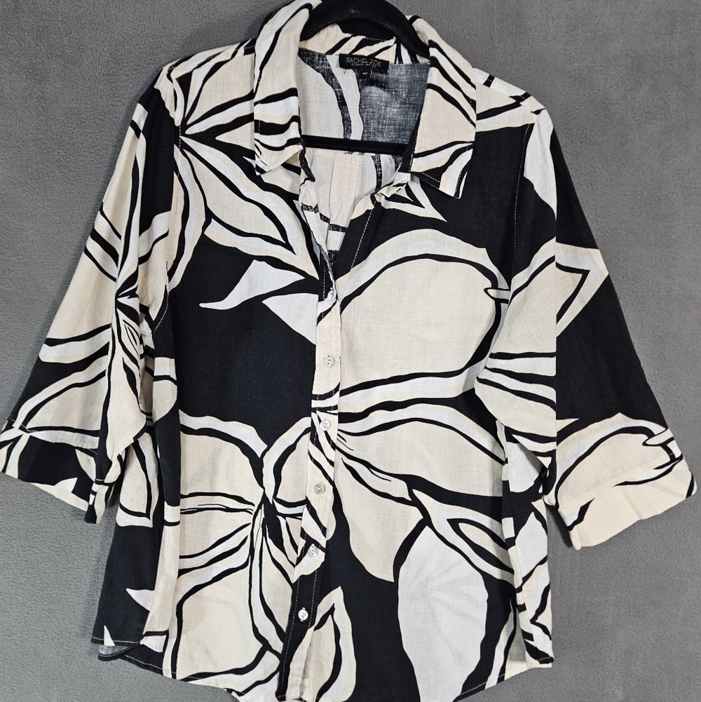 Rachel Zoe Women Plus 2X Button Up Shirt Tropical Floral Linen Blend Black Cream